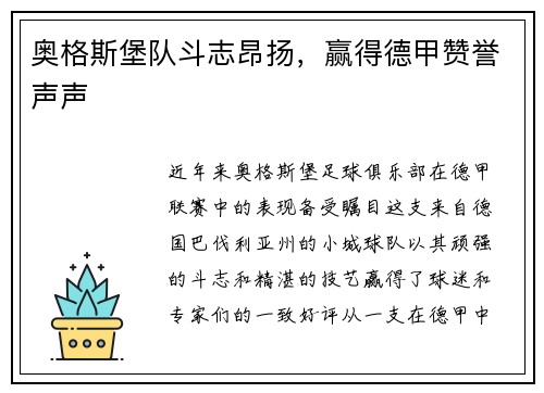 奥格斯堡队斗志昂扬，赢得德甲赞誉声声