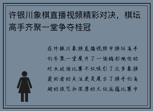 许银川象棋直播视频精彩对决，棋坛高手齐聚一堂争夺桂冠